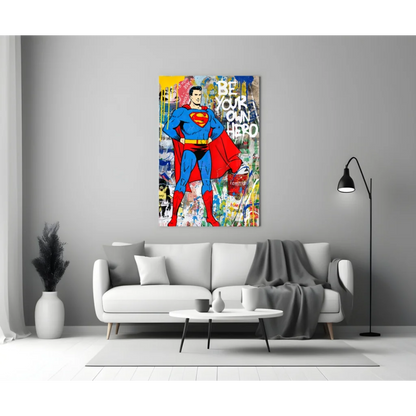 Vibrant Superman graffiti canvas wall art in bold blue, red, yellow S emblem on gray wall