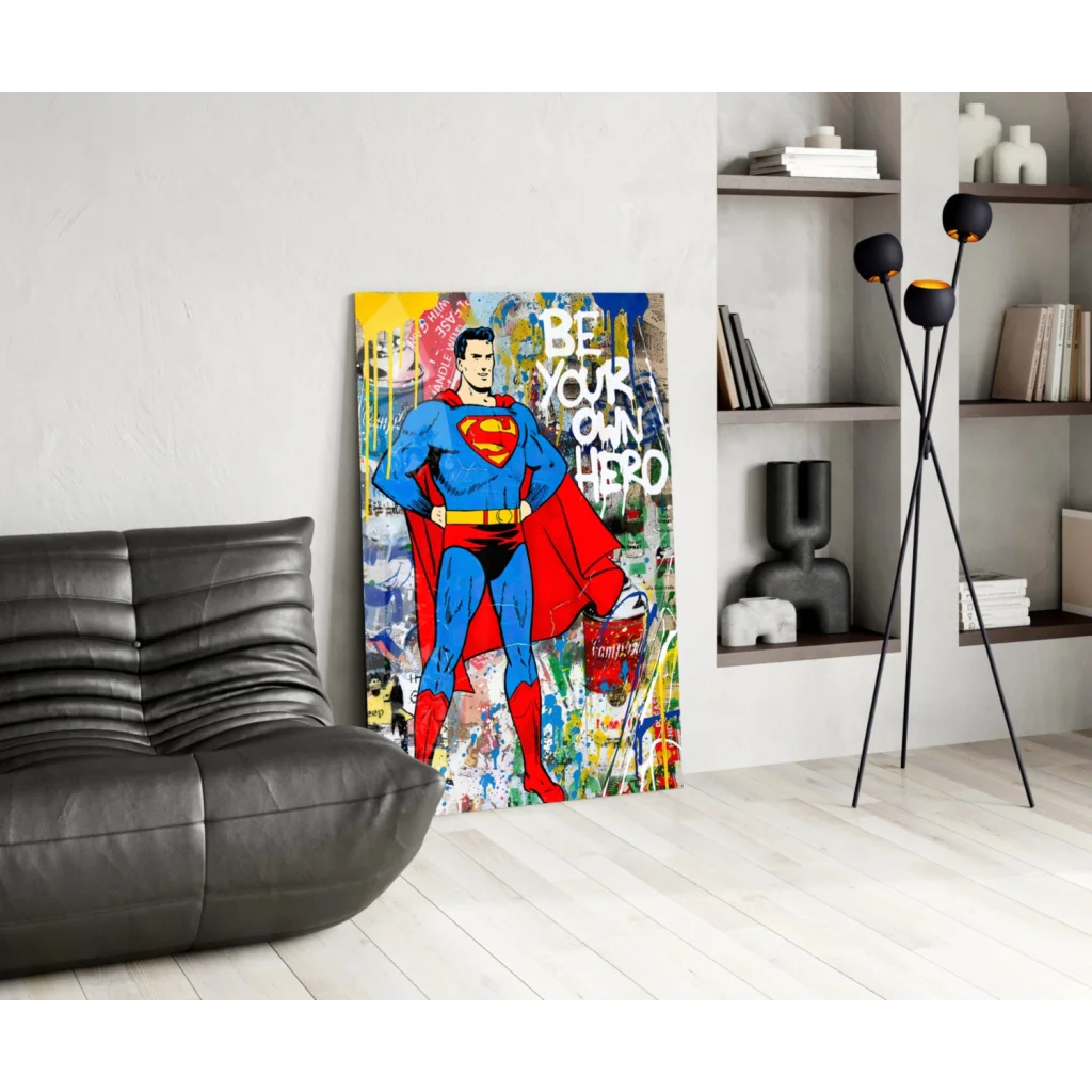 Vibrant Superman graffiti wall art canvas in bold blue red with yellow belt and be your own hero text