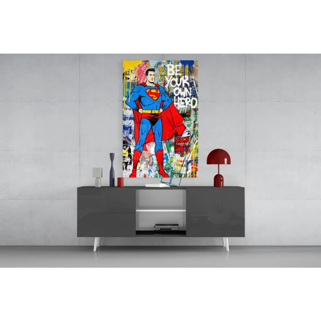 Vibrant Superman graffiti wall art in bold blue red colors