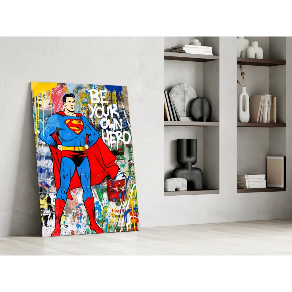 Vibrant Superman graffiti canvas wall art in bold blue red street style