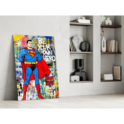Vibrant Superman graffiti canvas wall art in bold blue red street style