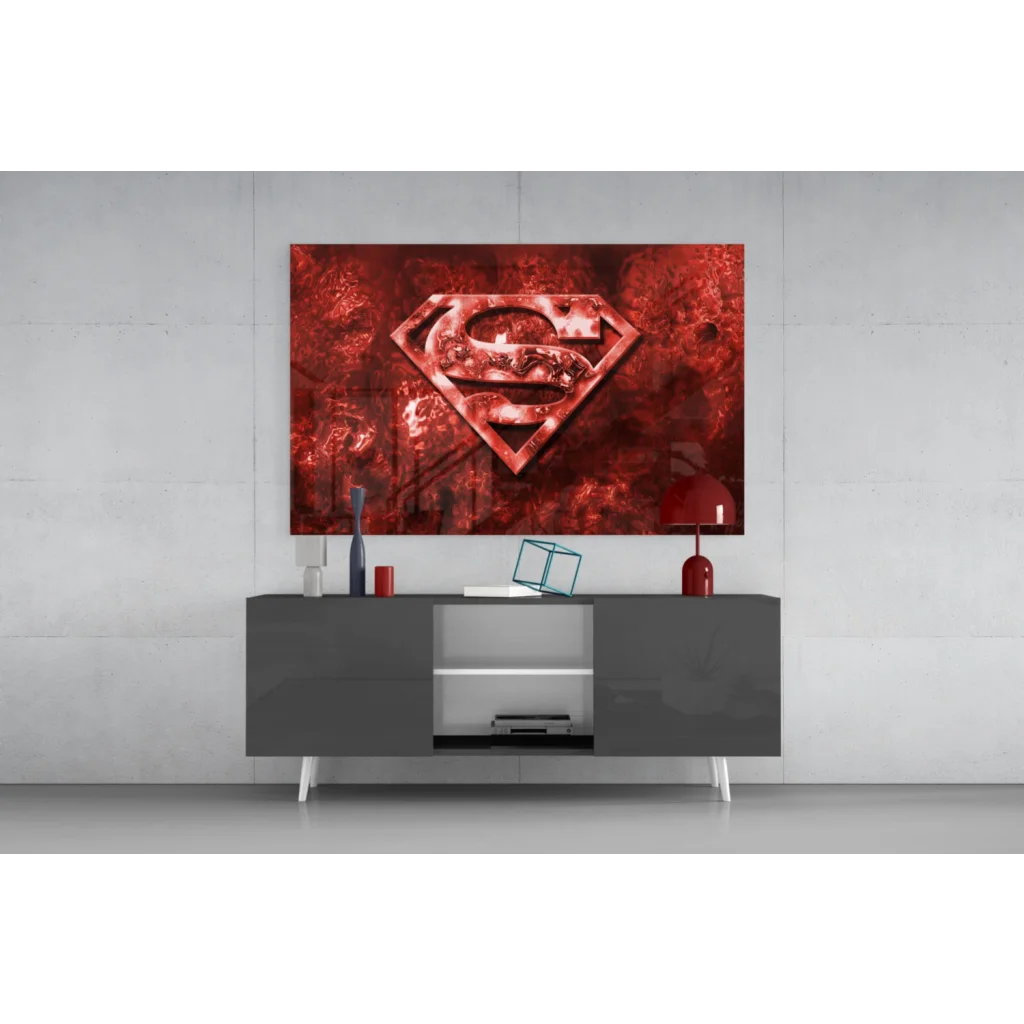 Red metallic Superman logo canvas wall art with textured finish