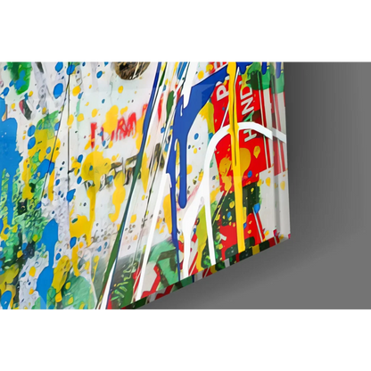 Vibrant Superman graffiti wall art canvas in bold blue, yellow, green, red splashes