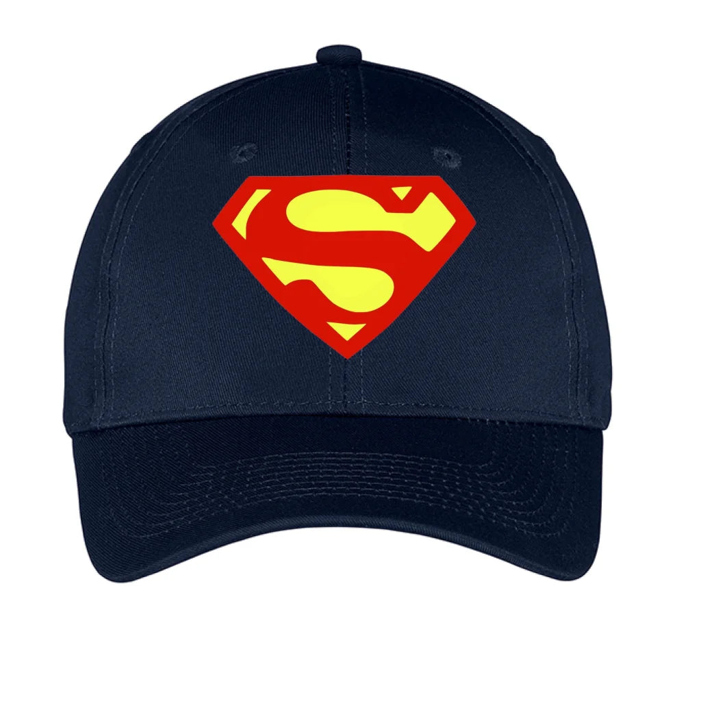 Superman logo royal blue twill baseball cap on navy background