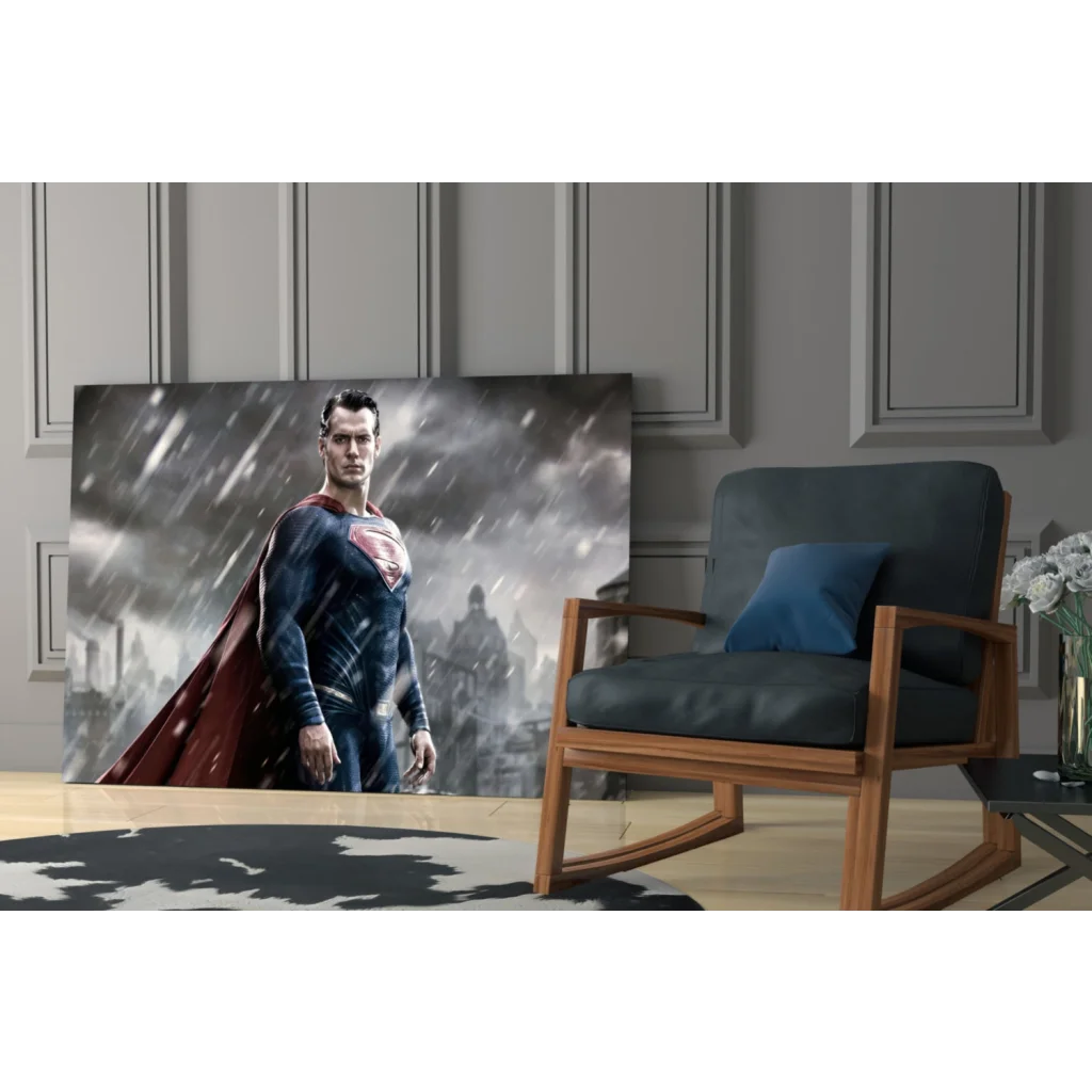Vibrant Superman red cape rain wall art on 4K UHD TV screen
