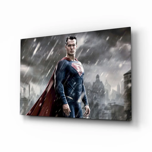 Superman in rain with red cape, blue suit wall art canvas print