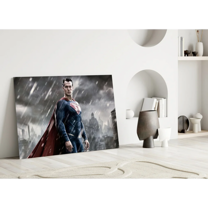 Superman red cape rain wall art canvas print in black and white