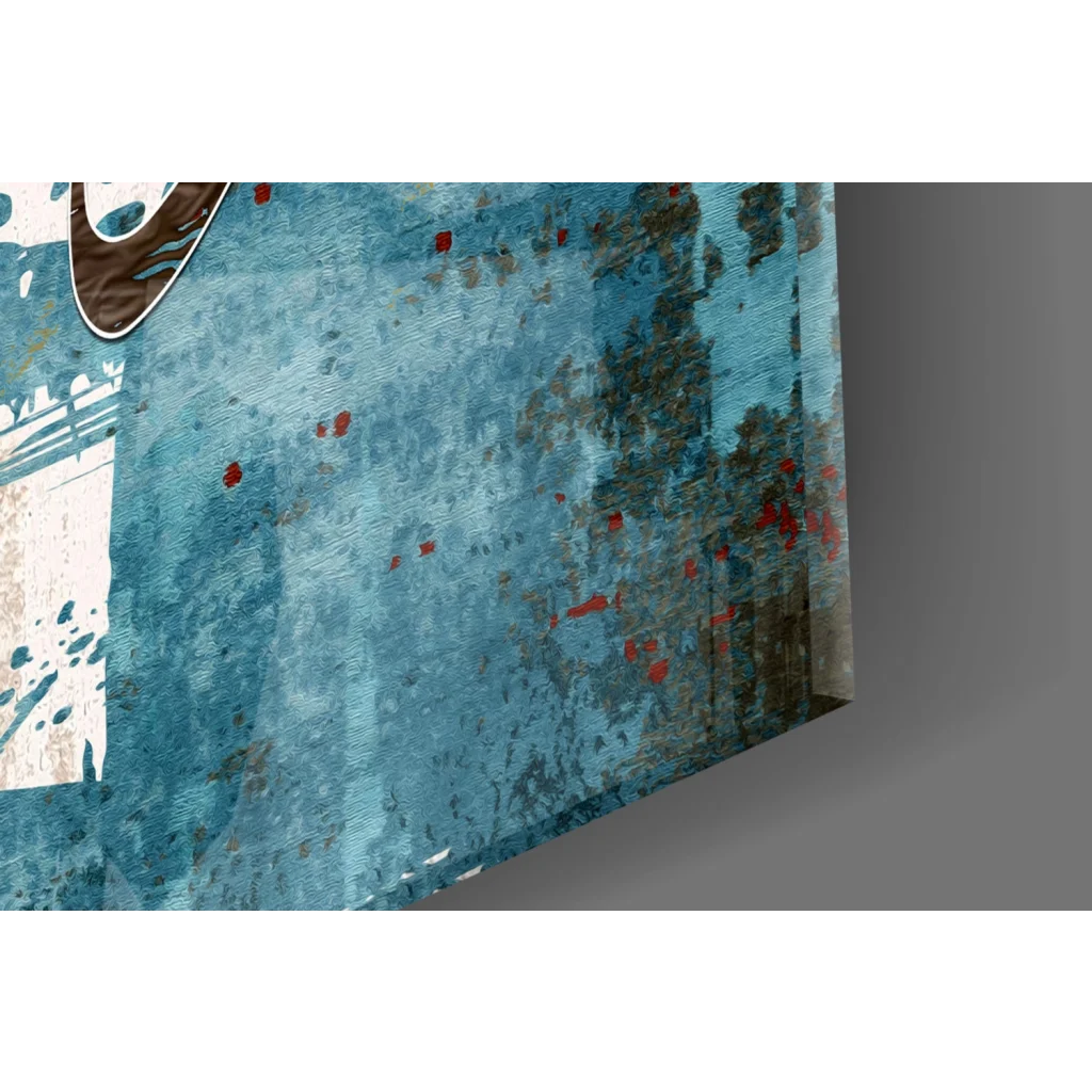 Stunning blue textured glass wall art with distressed paint and red splatters