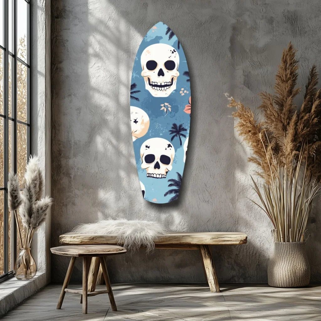 Blue tempered glass art of surfboard with white skulls and palms