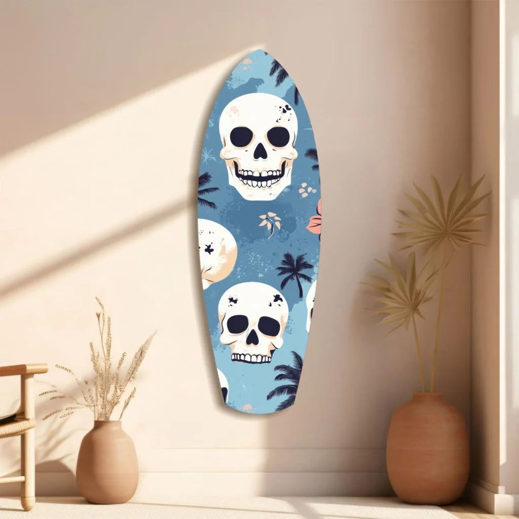 Blue tempered glass art of skull surfboard with palm trees