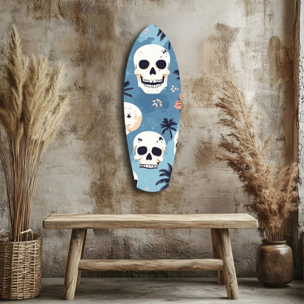 Skull Surfboard Tempered Glass Art with Tropical Vibes | Modern Wall Art Decor | vintageantiquesgifts.com