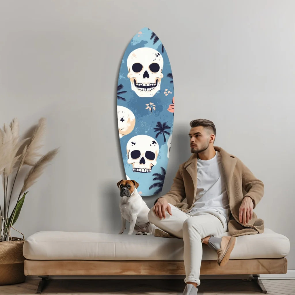 Blue Skull Surfboard Tempered Glass Art with Tropical Vibes