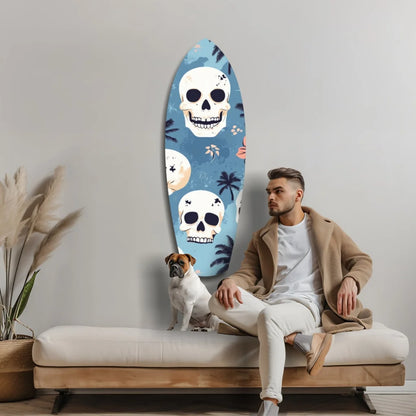 Blue Skull Surfboard Tempered Glass Art with Tropical Vibes