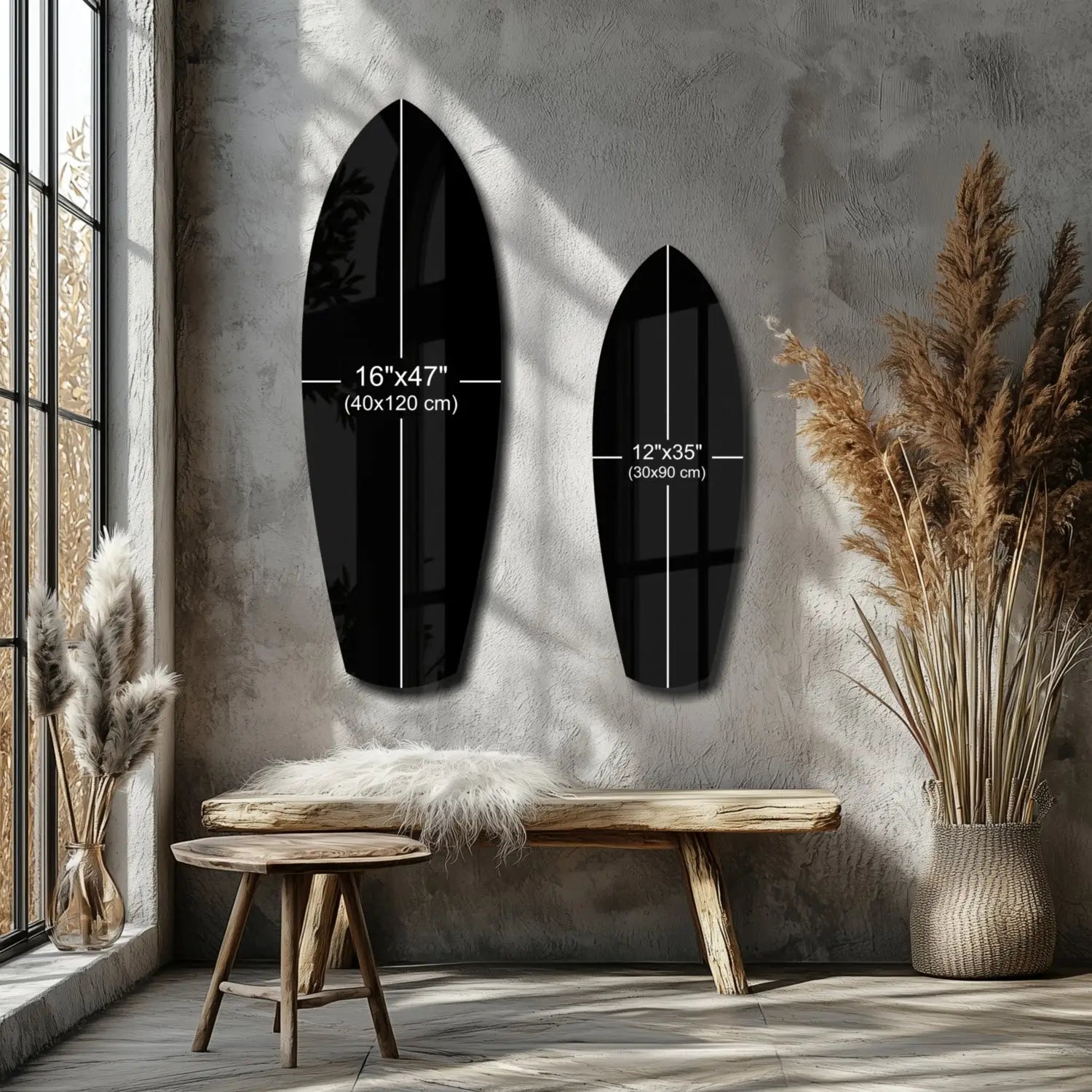 Black glossy tempered glass art surfboard with nebula colors and white lines