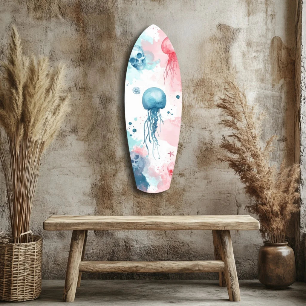 Vibrant tempered glass art of jellyfish, skulls, and starfish on surfboard wall decor