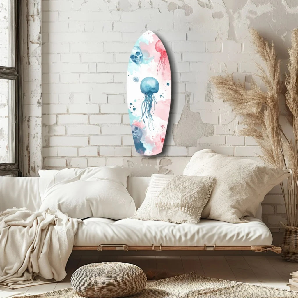 Vertical surfboard tempered glass art with jellyfish skull watercolor design