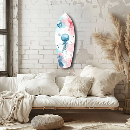 Vertical surfboard tempered glass art with jellyfish skull watercolor design