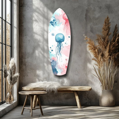 Watercolor jellyfish skull tempered glass art on surfboard wall decor