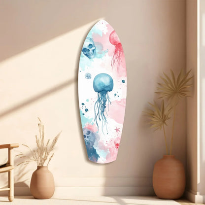 Decorative tempered glass surfboard wall art with jellyfish, skulls, starfish