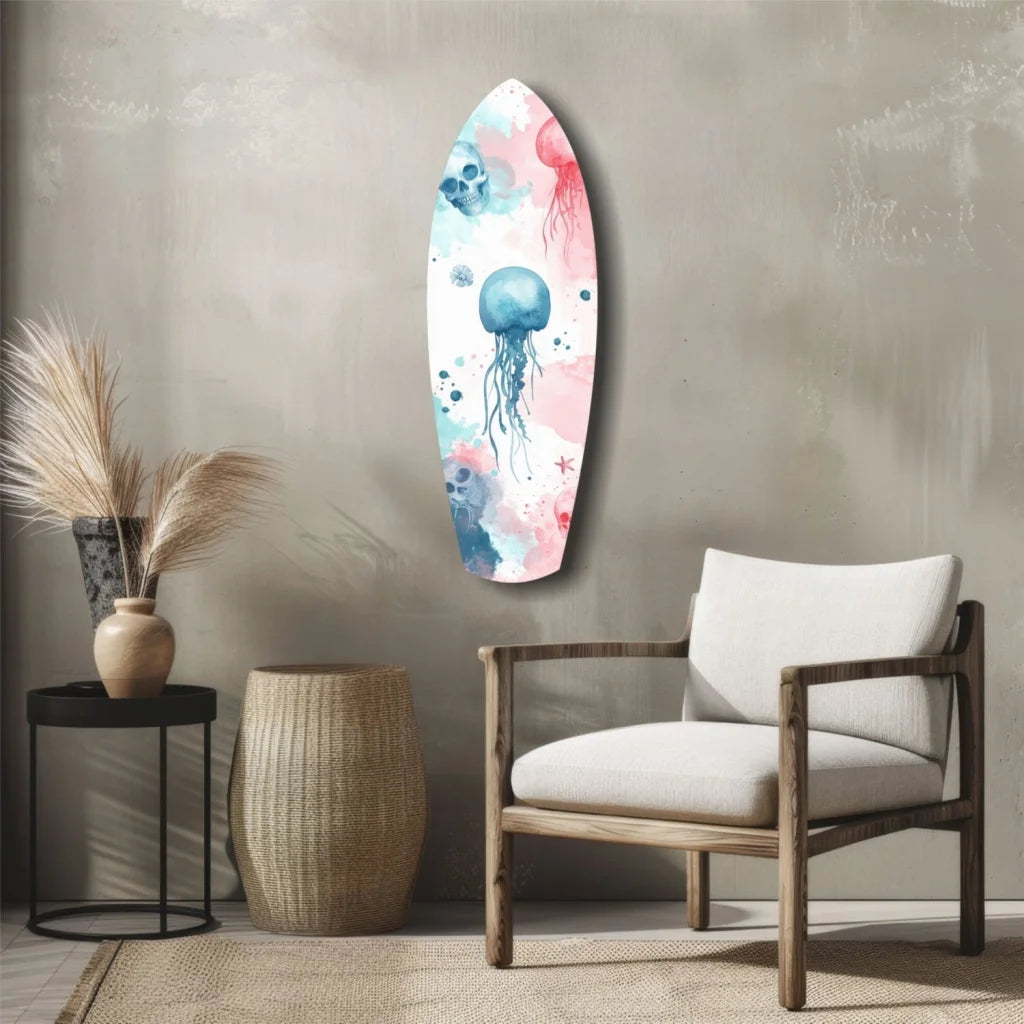 Vibrant tempered glass art of jellyfish, skulls, and starfish on surfboard wall design