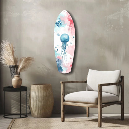 Vibrant tempered glass art of jellyfish, skulls, and starfish on surfboard wall design