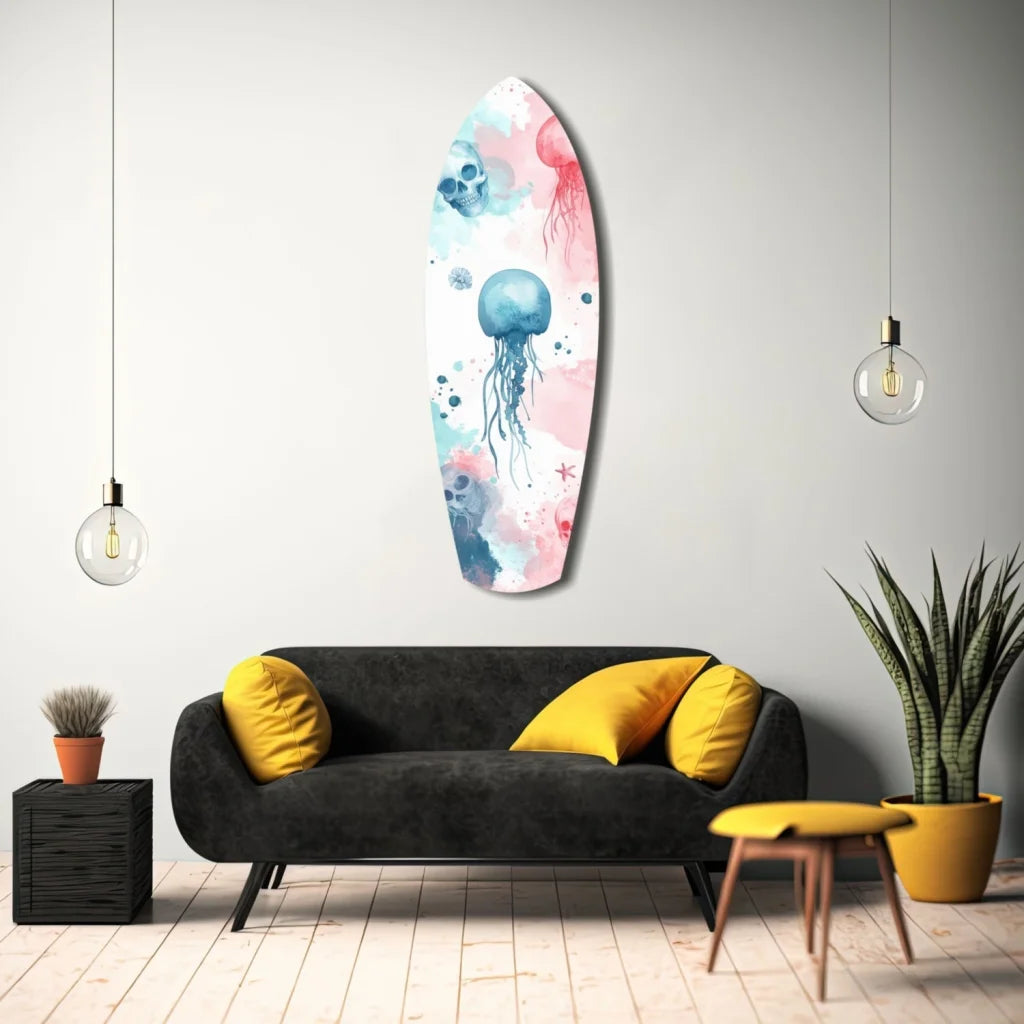 Watercolor surfboard jellyfish skull tempered glass wall art