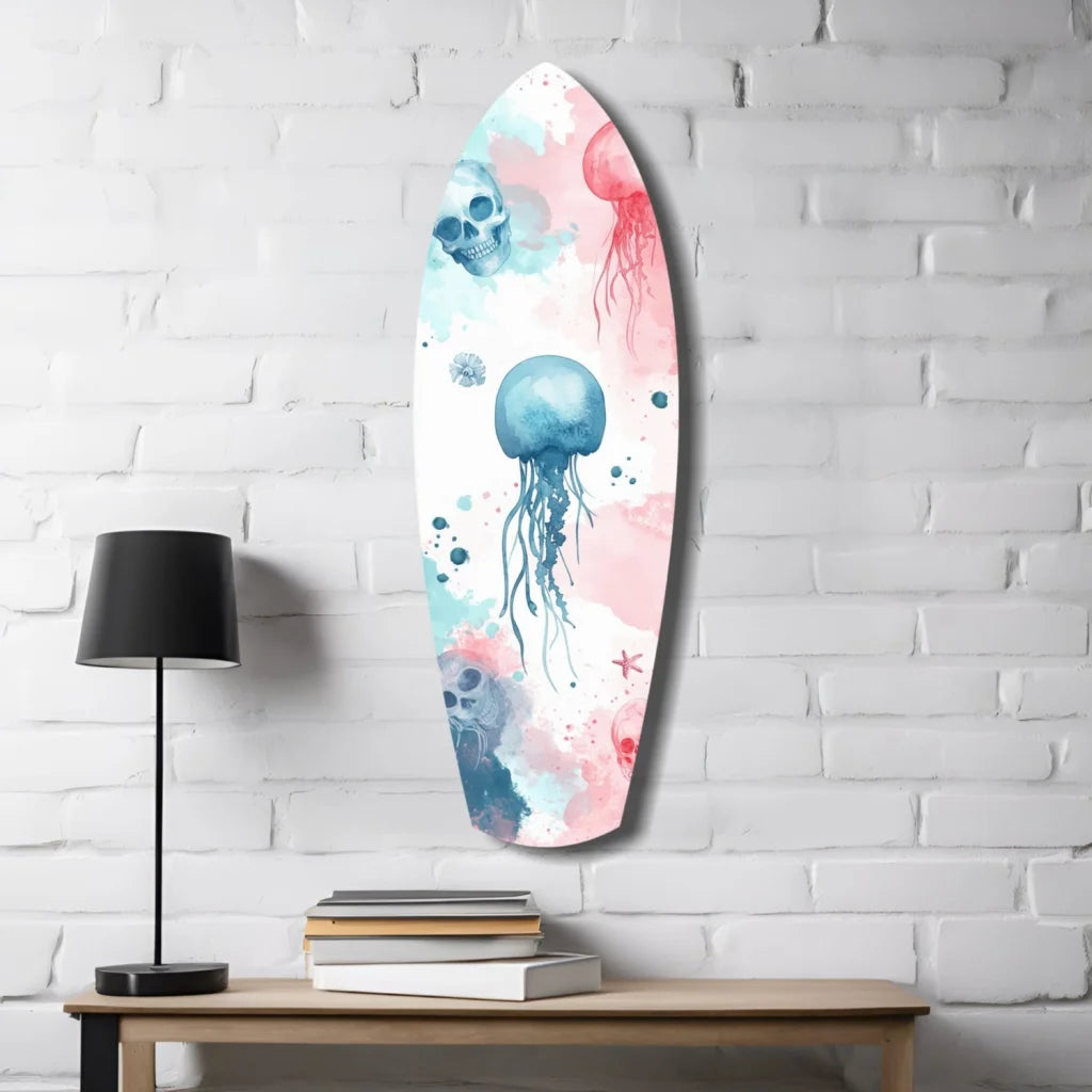 Surfboard-shaped tempered glass art with jellyfish, skulls, starfish
