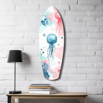 Surfboard-shaped tempered glass art with jellyfish, skulls, starfish
