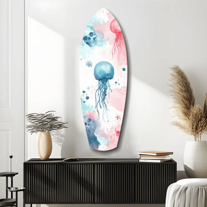 Watercolor surfboard jellyfish skull tempered glass wall art with pink splashes