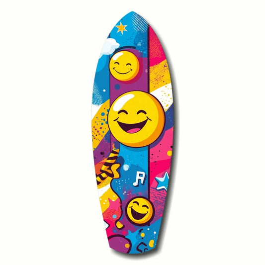 Vibrant surfboard smiley face tempered glass art wall decor