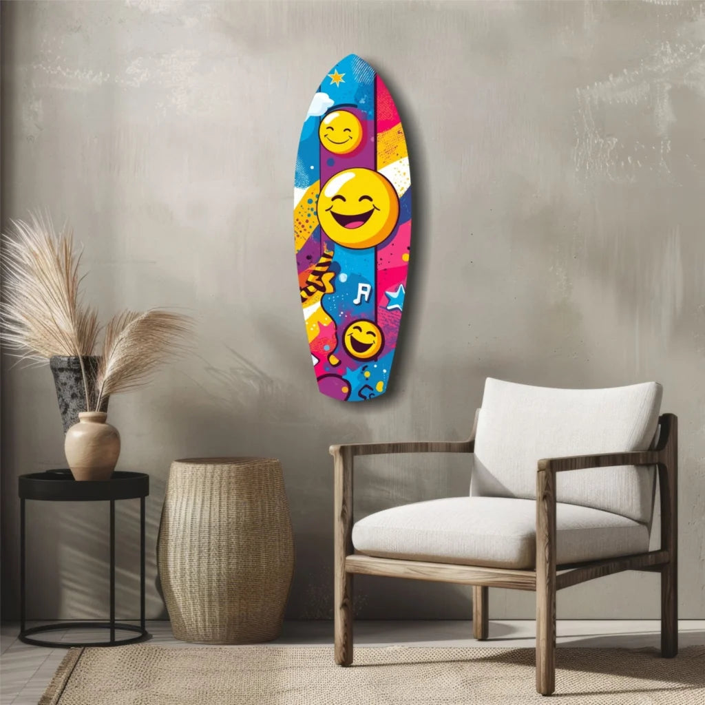 Vibrant multicolored surfboard smiley face tempered glass wall art
