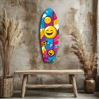 Vibrant surfboard smiley face tempered glass art for walls