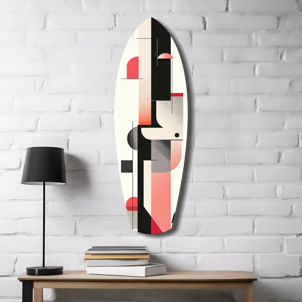 Bold geometric surfboard tempered glass art in black, white, coral pink