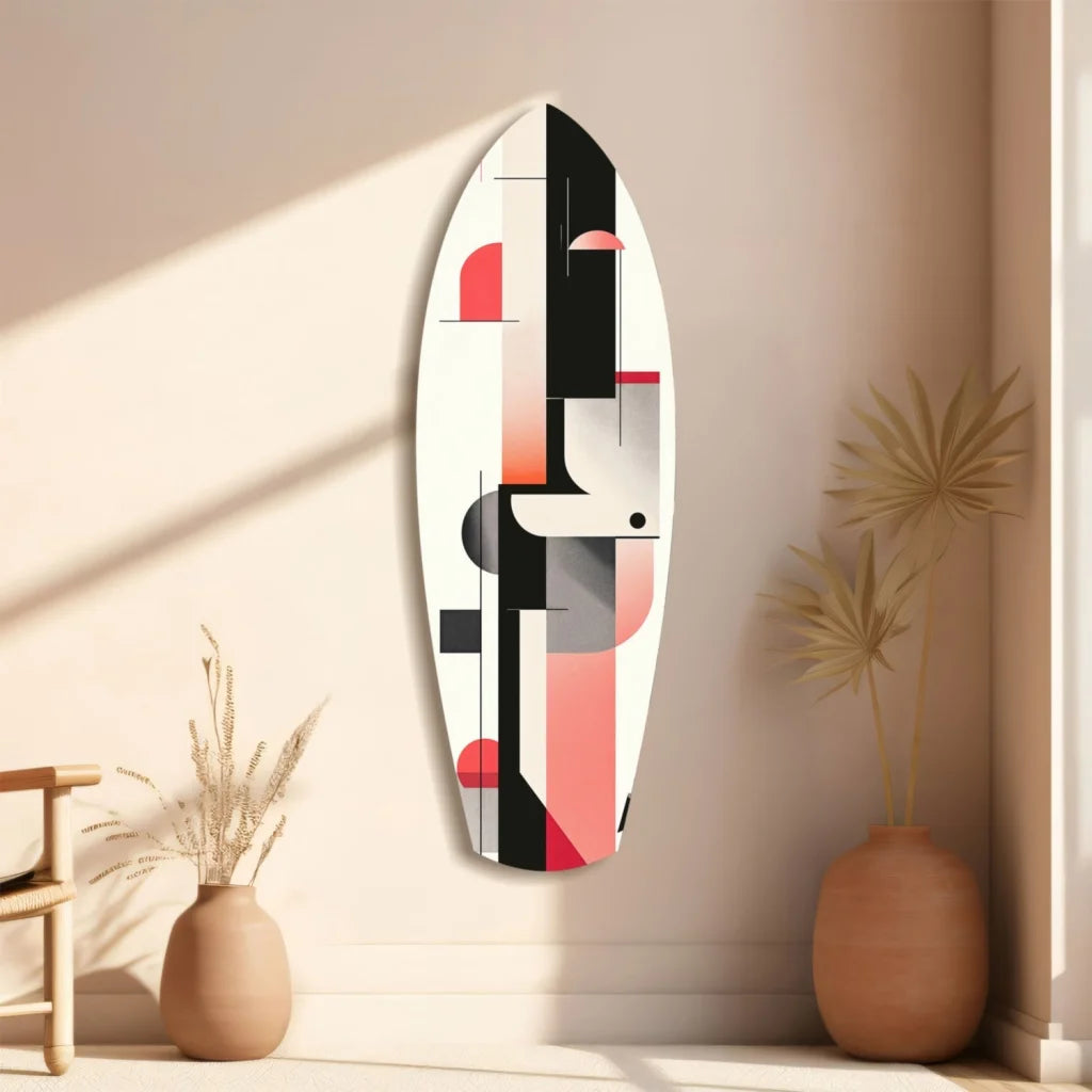 Bold geometric tempered glass art in surfboard shape with coral pink accents