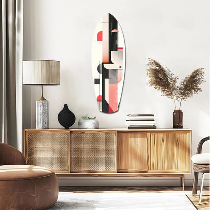 Abstract surfboard tempered glass art in bold black, white, coral red geometric design