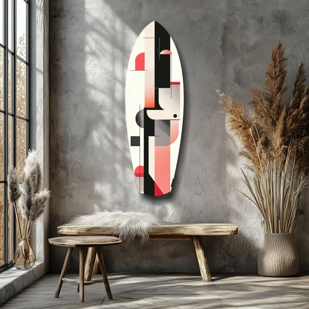 Abstract tempered glass art surfboard with bold geometric design