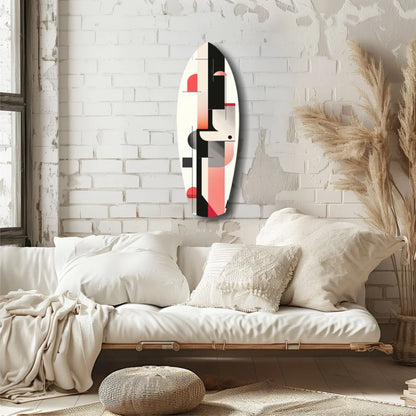 Bold surfboard tempered glass art with black, white, coral geometric patterns