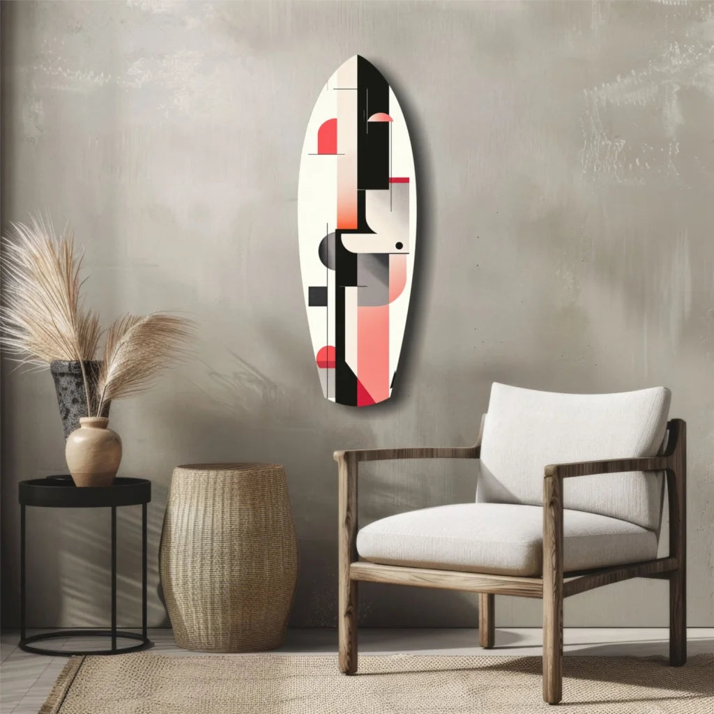 Abstract surfboard tempered glass art with bold geometric black, white, and coral pink patterns