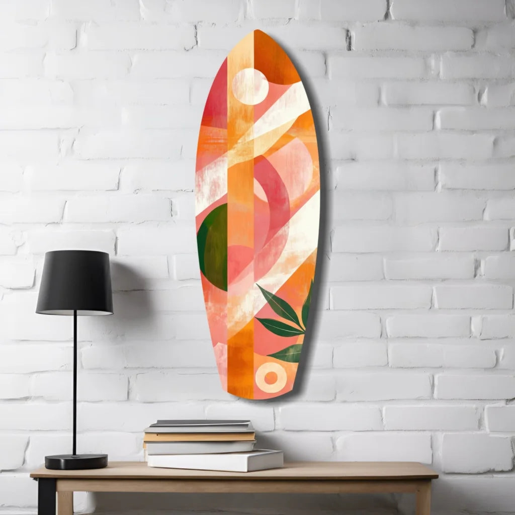 Vibrant Surfboard Tempered Glass Art with bold orange pink green geometric leaf patterns