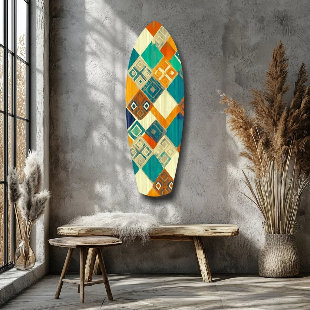 Vibrant geometric tempered glass art surfboard in teal, orange, cream