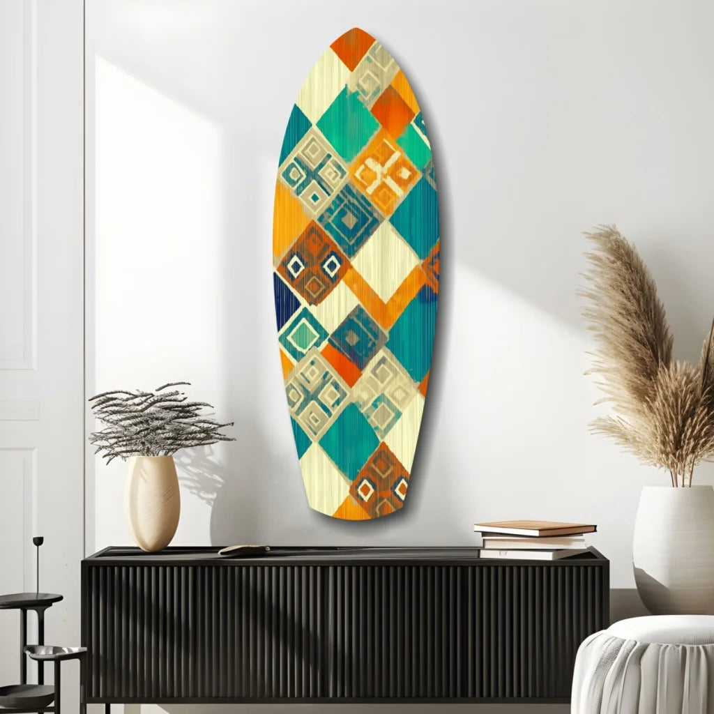 Vibrant tempered glass art surfboard with bold geometric patterns