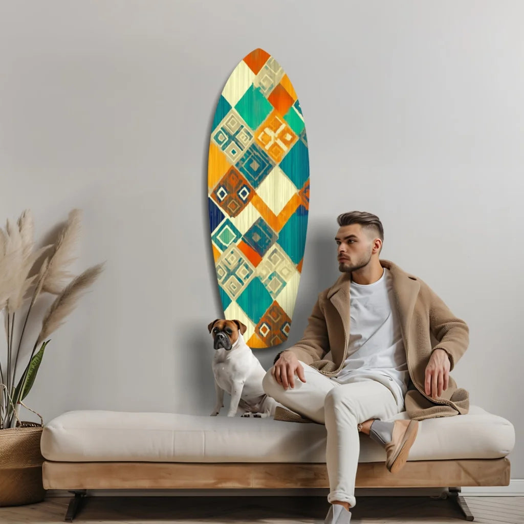 Bold geometric tempered glass art surfboard with vibrant orange teal cream diamonds