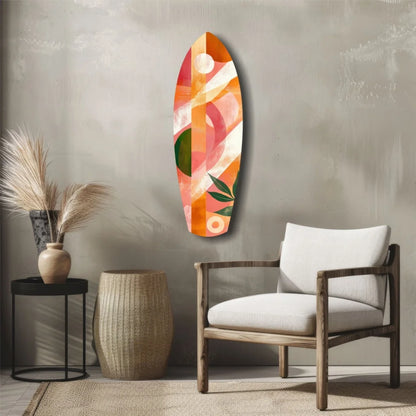Vibrant surfboard tempered glass art with bold orange pink green patterns