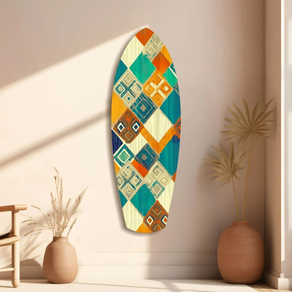Vibrant geometric tempered glass art surfboard with teal orange cream tones
