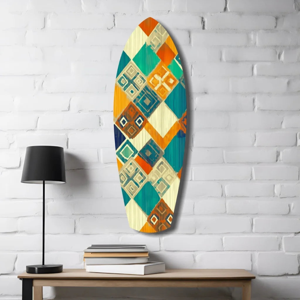 Vibrant geometric surfboard tempered glass art in bold orange, teal, cream