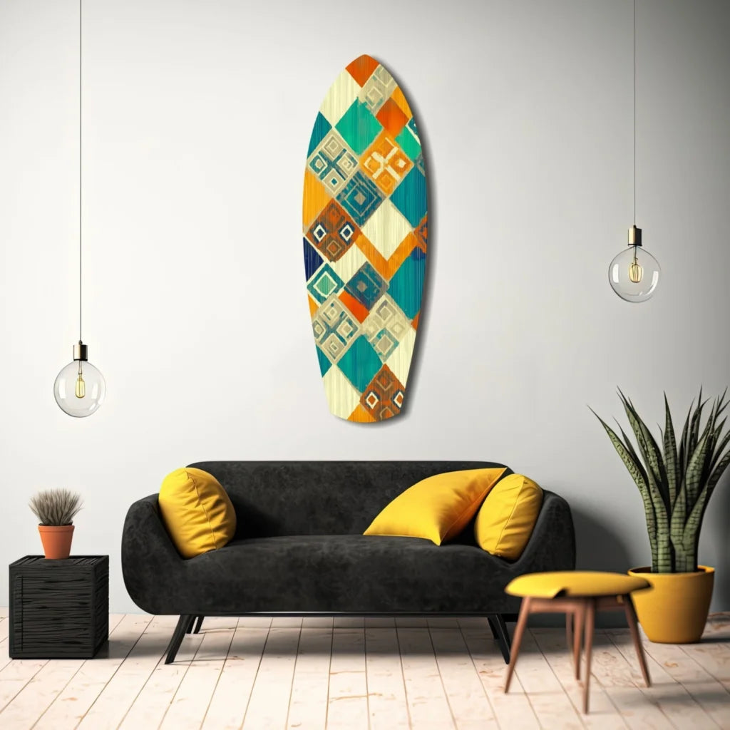 Vibrant tempered glass art surfboard with bold geometric patterns