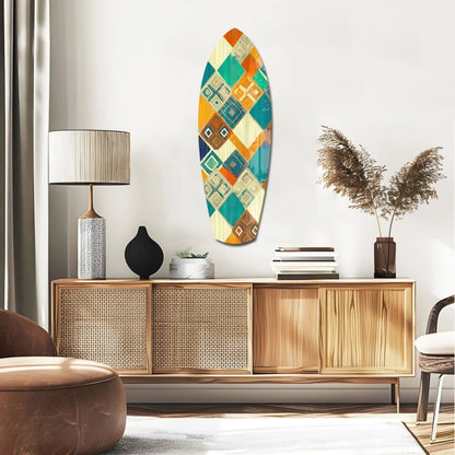 Vibrant tempered glass surfboard art with bold geometric patterns