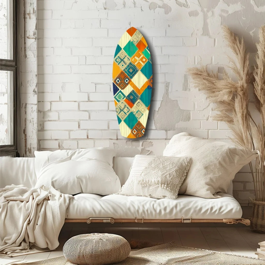 Vibrant Surfboard Tempered Glass Art with teal-orange-cream geometric diamonds