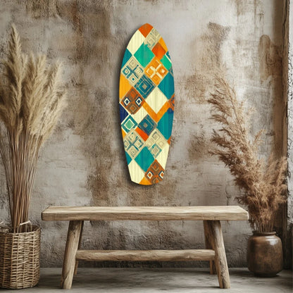 Vibrant surfboard tempered glass art with bold geometric patterns