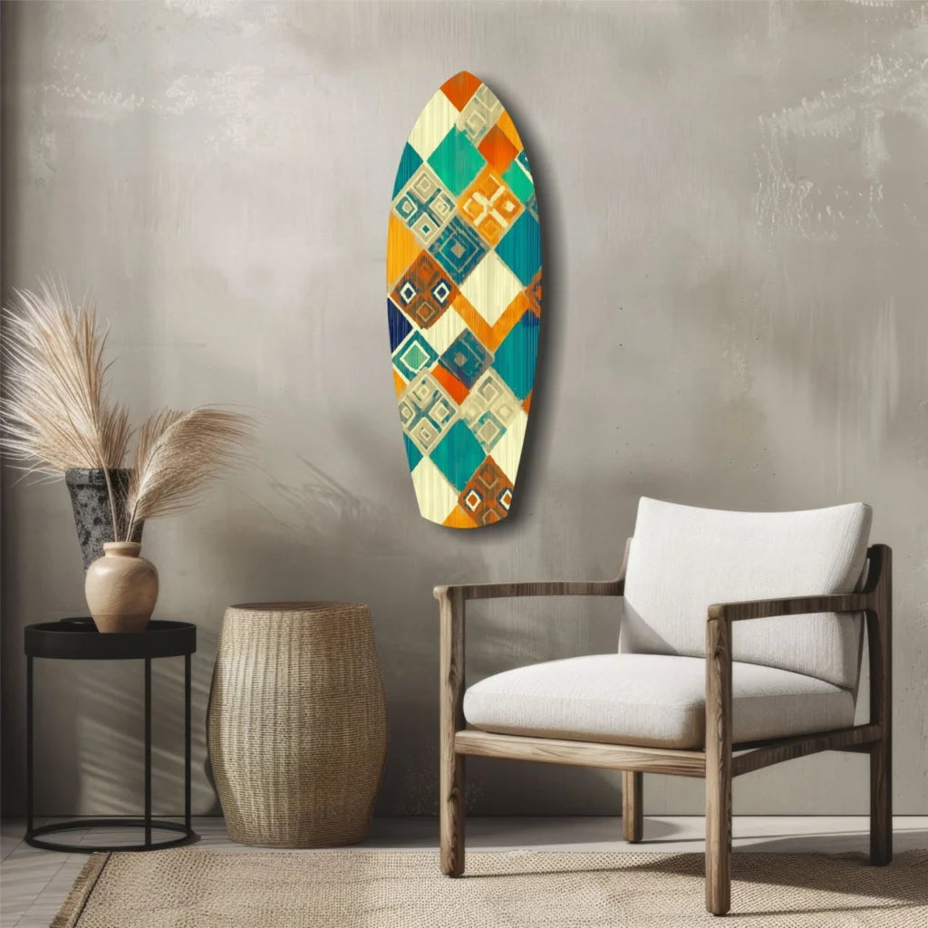 Vibrant Surfboard Tempered Glass Art with bold geometric teal-orange patterns